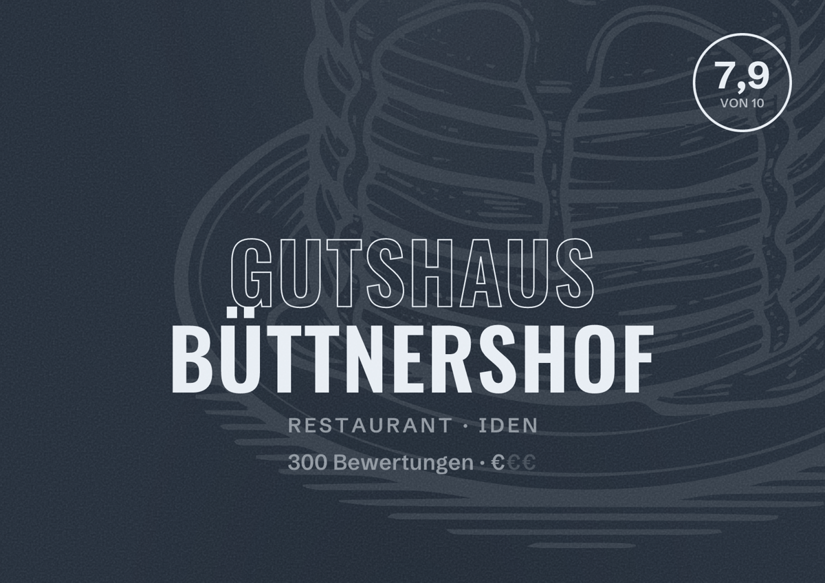 Illustriertes Poster von Gutshaus Büttnershof, Restaurant in Iden: Bewertung 7,9 von 10 aus 300 Bewertungen, Preisniveau €