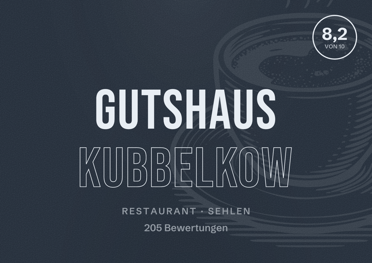 Illustriertes Poster von Gutshaus Kubbelkow, Restaurant in Sehlen: Bewertung 8,2 von 10 aus 205 Bewertungen