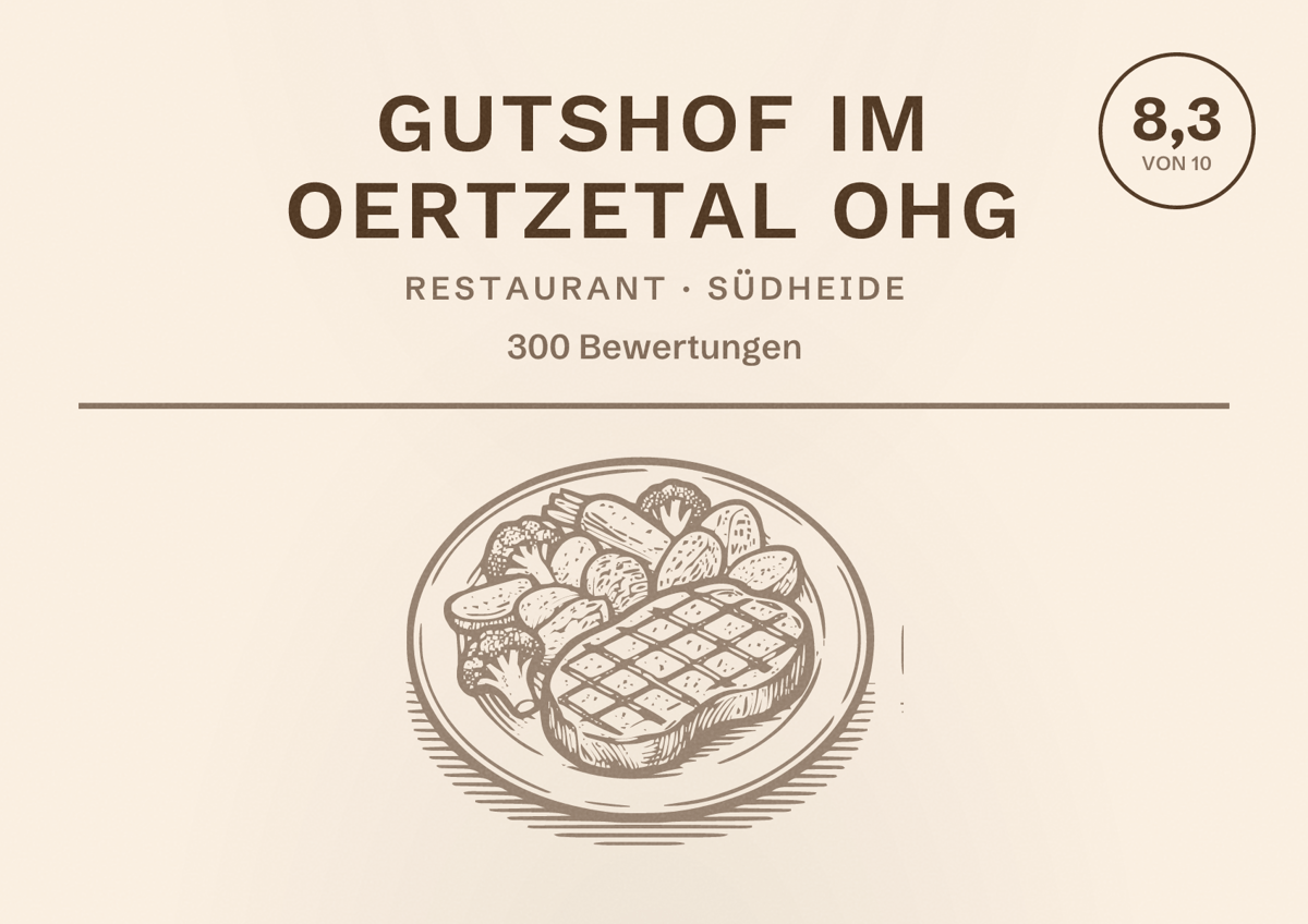 Illustriertes Poster von Gutshof im Oertzetal OHG, Restaurant in Südheide: Bewertung 8,3 von 10 aus 300 Bewertungen