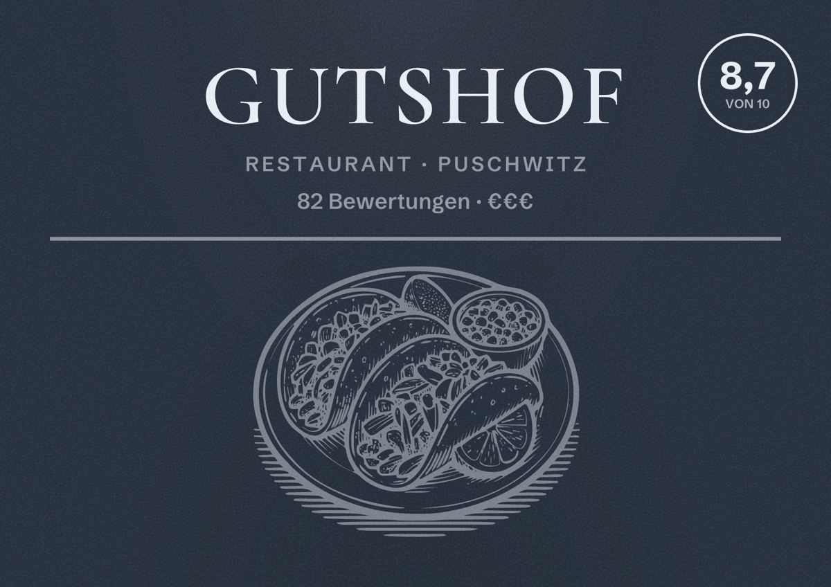 Illustriertes Poster von Gutshof, Restaurant in Puschwitz: Bewertung 8,7 von 10 aus 82 Bewertungen, Preisniveau €€€