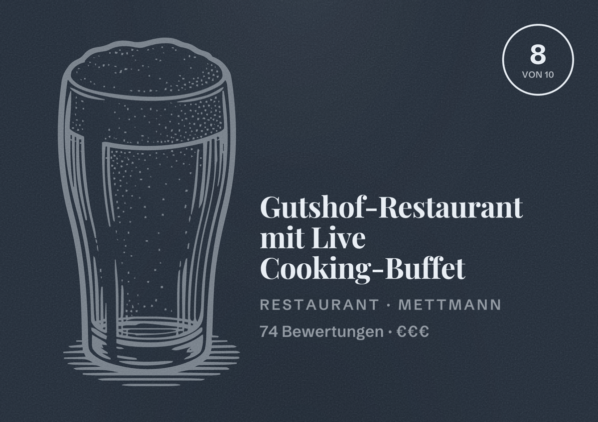 Illustriertes Poster von Gutshof-Restaurant mit Live Cooking-Buffet, Restaurant in Mettmann: Bewertung 8 von 10 aus 74 Bewertungen, Preisniveau €€€