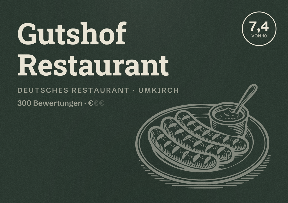 Illustriertes Poster von Gutshof Restaurant, Deutsches Restaurant in Umkirch: Bewertung 7,4 von 10 aus 300 Bewertungen, Preisniveau €