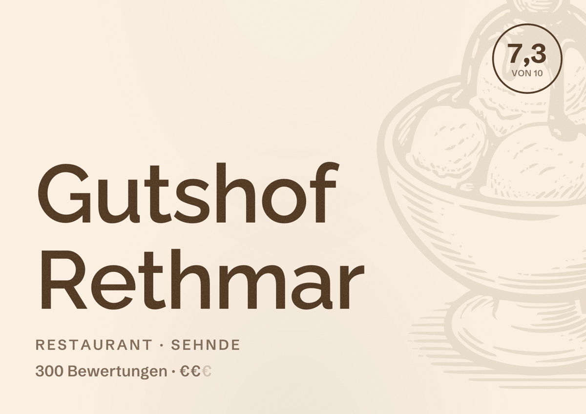 Illustriertes Poster von Gutshof Rethmar, Restaurant in Sehnde: Bewertung 7,3 von 10 aus 300 Bewertungen, Preisniveau €€