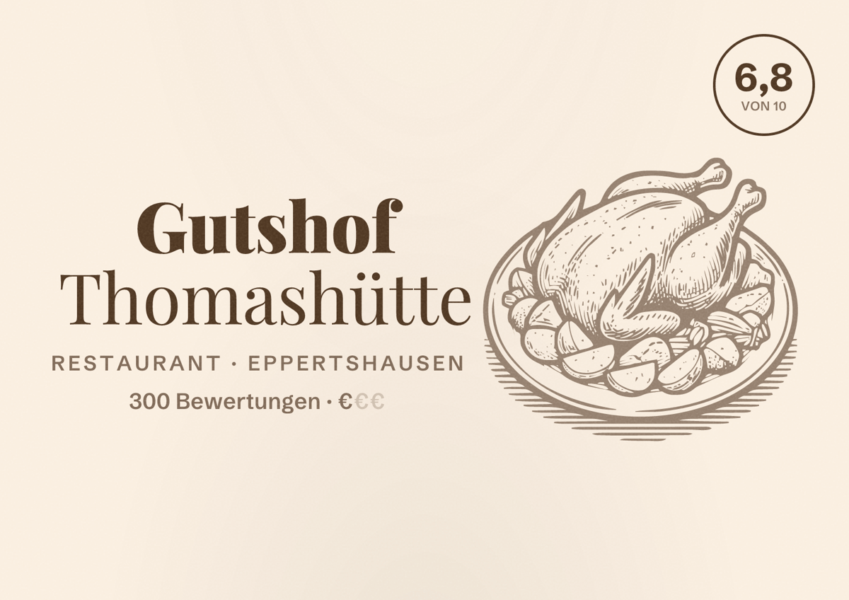 Illustriertes Poster von Gutshof Thomashütte, Restaurant in Eppertshausen: Bewertung 6,8 von 10 aus 300 Bewertungen, Preisniveau €
