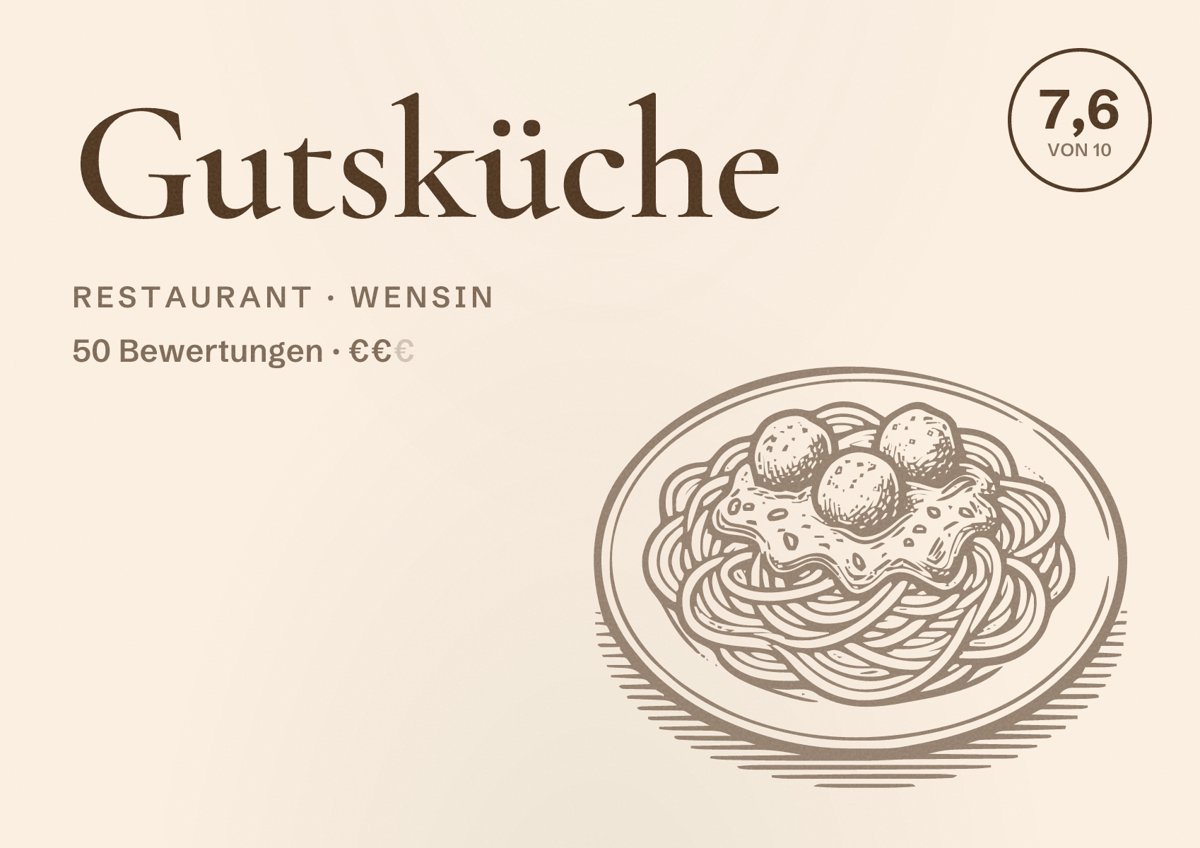 Illustriertes Poster von Gutsküche, Restaurant in Wensin: Bewertung 7,6 von 10 aus 50 Bewertungen, Preisniveau €€
