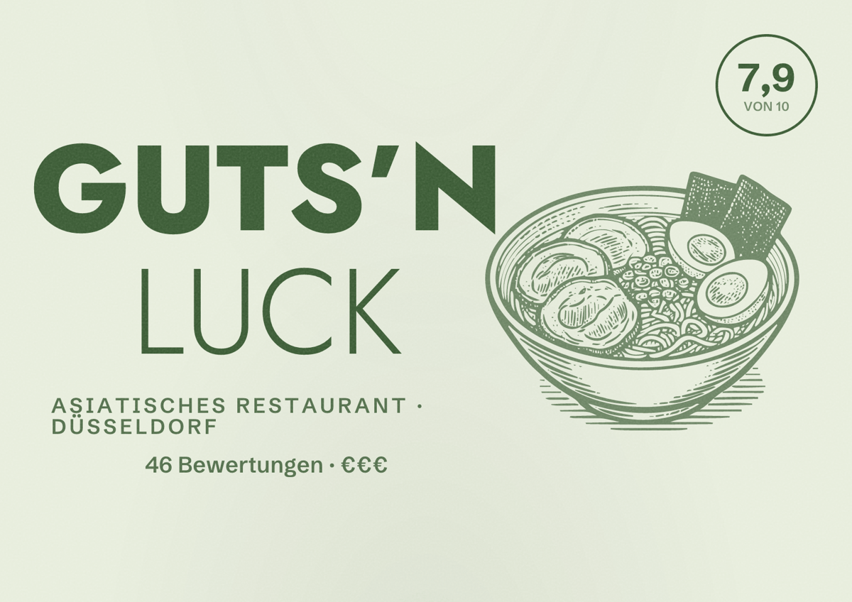 Illustriertes Poster von GUTS’N LUCK, Asiatisches Restaurant in Düsseldorf: Bewertung 7,9 von 10 aus 46 Bewertungen, Preisniveau €€€