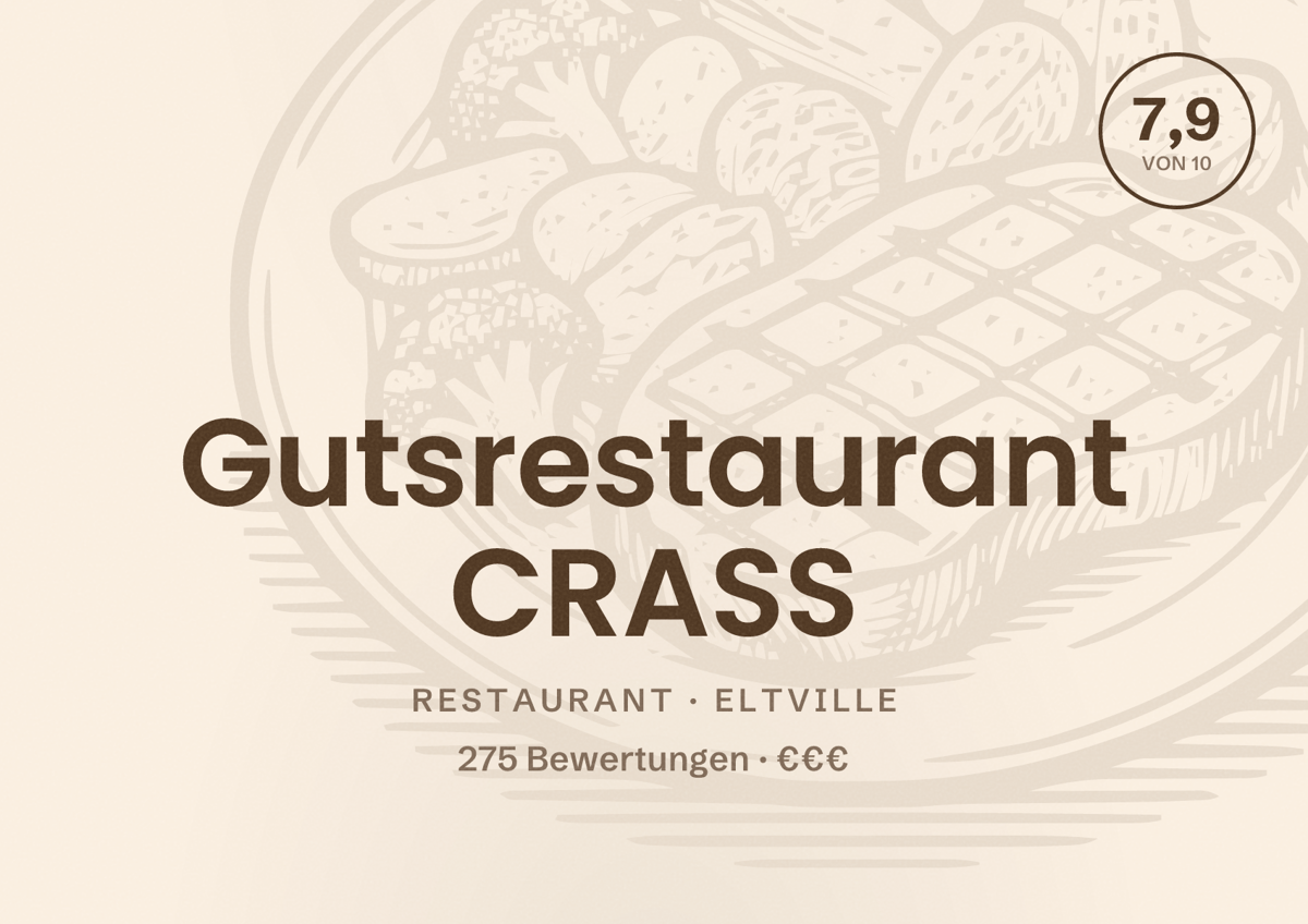 Illustriertes Poster von Gutsrestaurant CRASS, Restaurant in Eltville: Bewertung 7,9 von 10 aus 275 Bewertungen, Preisniveau €€€