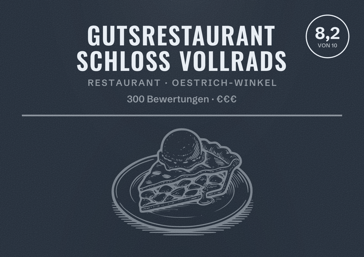 Illustriertes Poster von Gutsrestaurant Schloss Vollrads, Restaurant in Oestrich-Winkel: Bewertung 8,2 von 10 aus 300 Bewertungen, Preisniveau €€€
