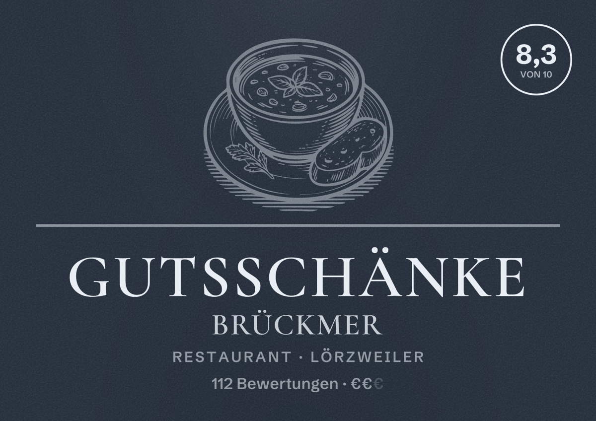 Illustriertes Poster von Gutsschänke Brückmer, Restaurant in Lörzweiler: Bewertung 8,3 von 10 aus 112 Bewertungen, Preisniveau €€