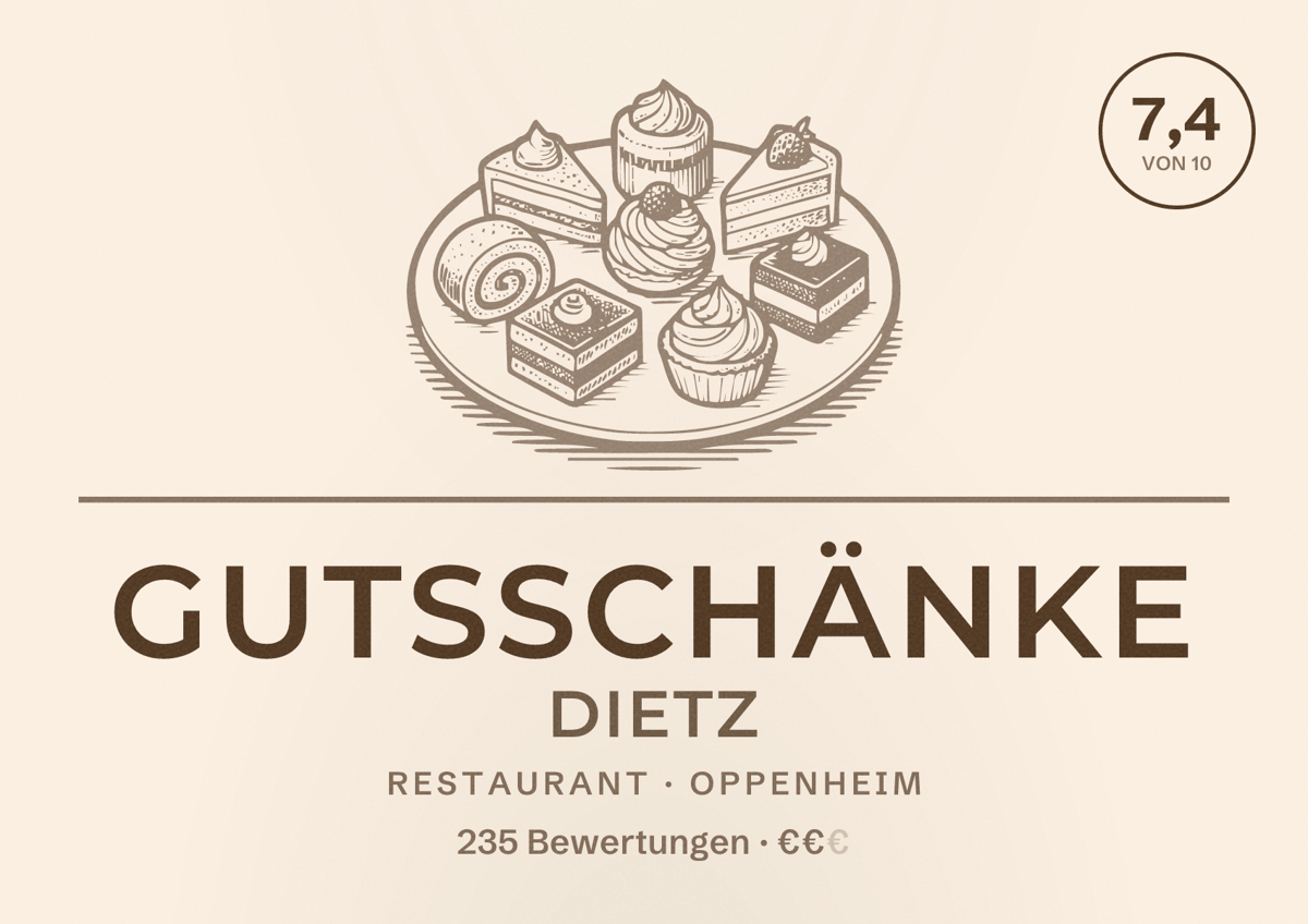 Illustriertes Poster von Gutsschänke Dietz, Restaurant in Oppenheim: Bewertung 7,4 von 10 aus 235 Bewertungen, Preisniveau €€