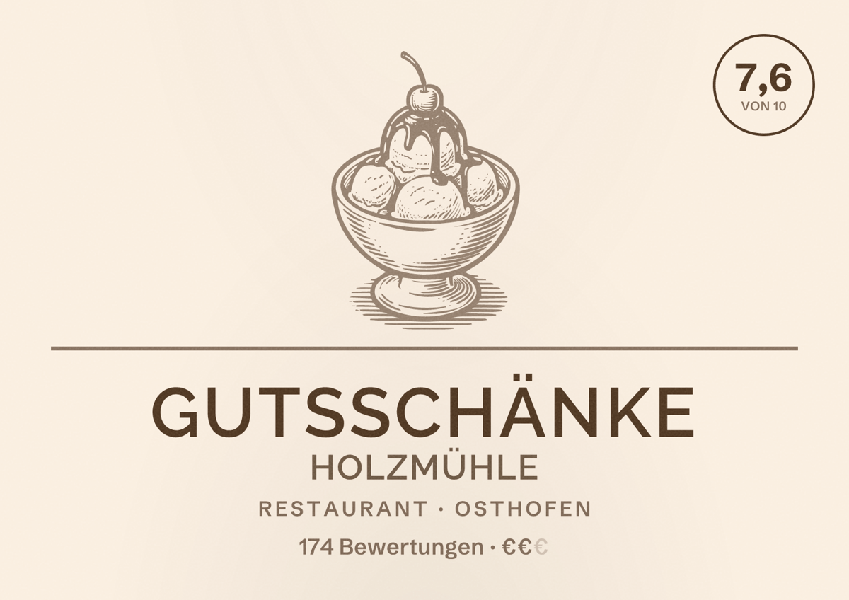 Illustriertes Poster von Gutsschänke Holzmühle, Restaurant in Osthofen: Bewertung 7,6 von 10 aus 174 Bewertungen, Preisniveau €€