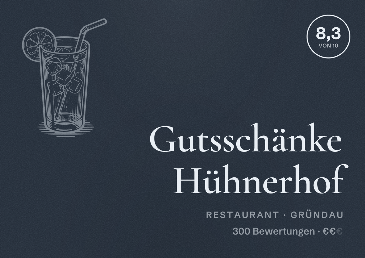 Illustriertes Poster von Gutsschänke Hühnerhof, Restaurant in Gründau: Bewertung 8,3 von 10 aus 300 Bewertungen, Preisniveau €€