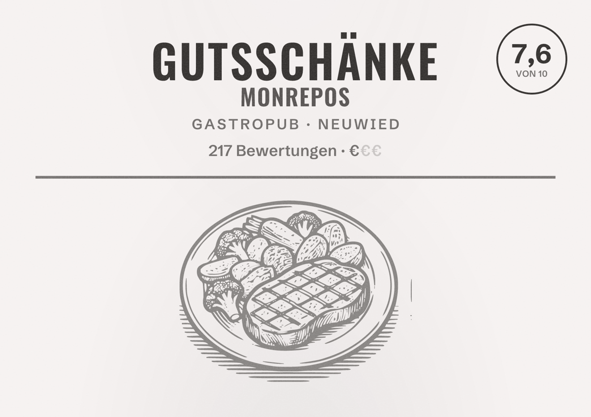 Illustriertes Poster von Gutsschänke Monrepos, Gastropub in Neuwied: Bewertung 7,6 von 10 aus 217 Bewertungen, Preisniveau €