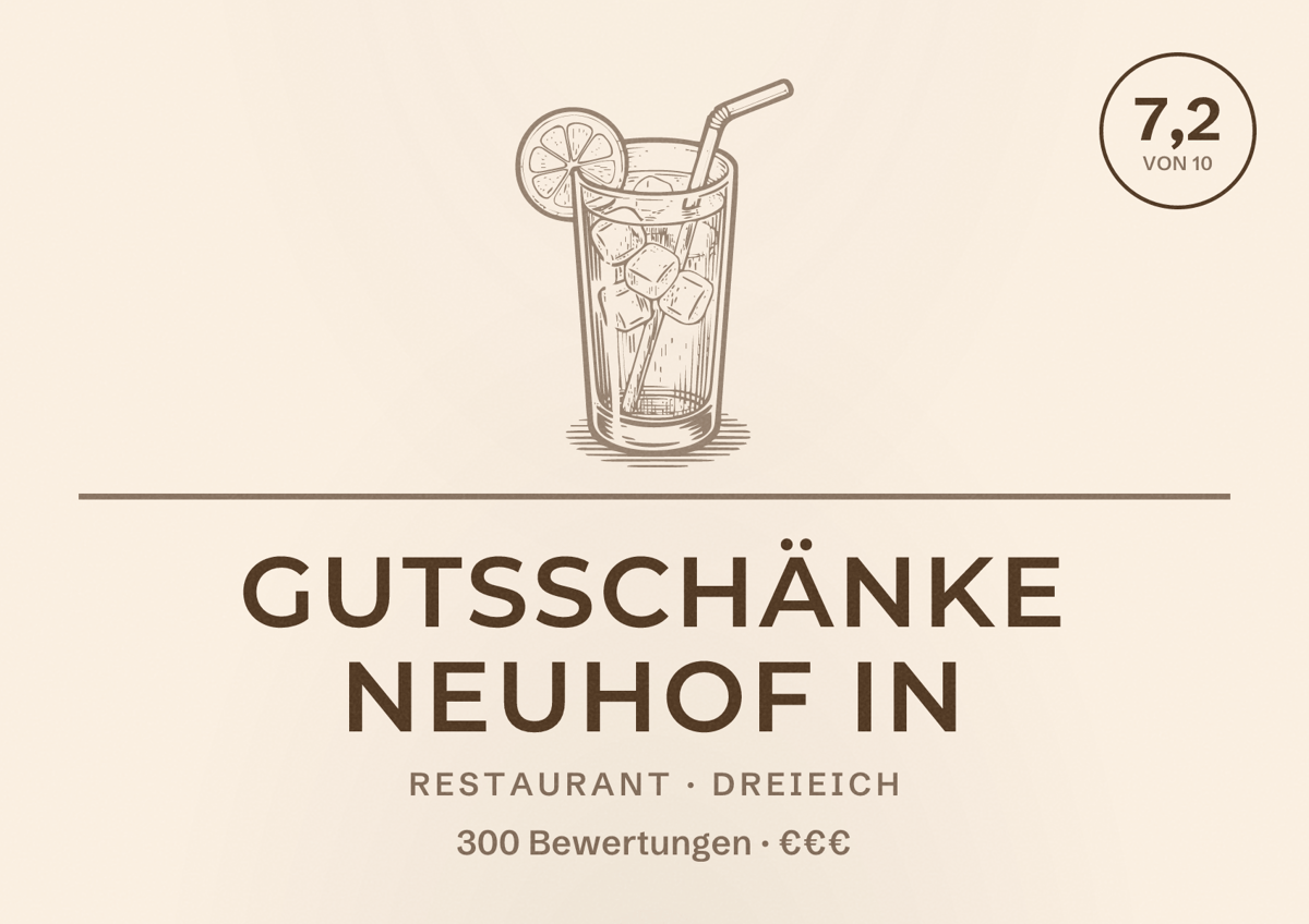 Illustriertes Poster von Gutsschänke Neuhof in, Restaurant in Dreieich: Bewertung 7,2 von 10 aus 300 Bewertungen, Preisniveau €€€
