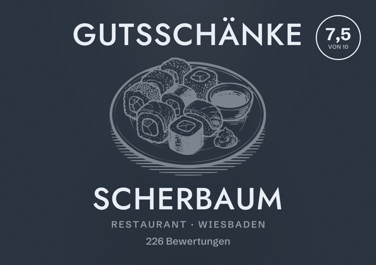 Illustriertes Poster von Gutsschänke Scherbaum, Restaurant in Wiesbaden: Bewertung 7,5 von 10 aus 226 Bewertungen