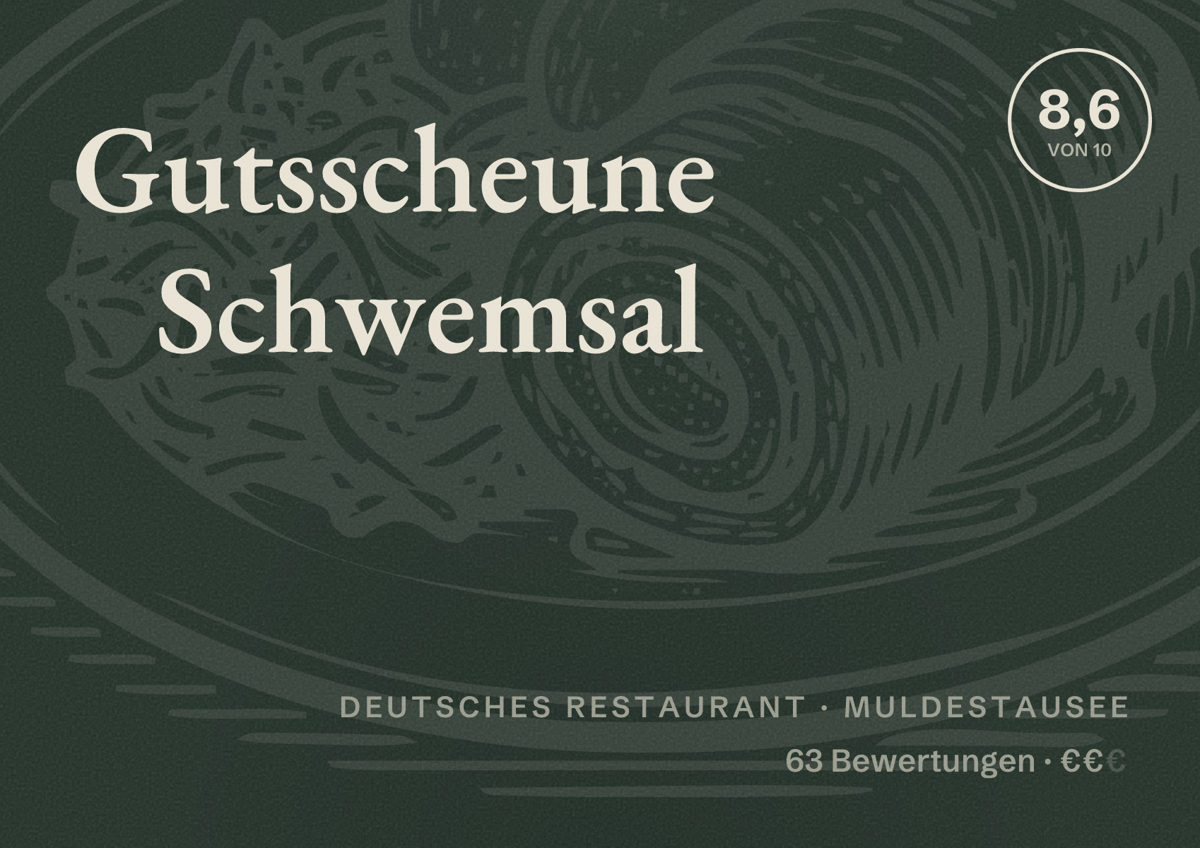 Illustriertes Poster von Gutsscheune Schwemsal, Deutsches Restaurant in Muldestausee: Bewertung 8,6 von 10 aus 63 Bewertungen, Preisniveau €€