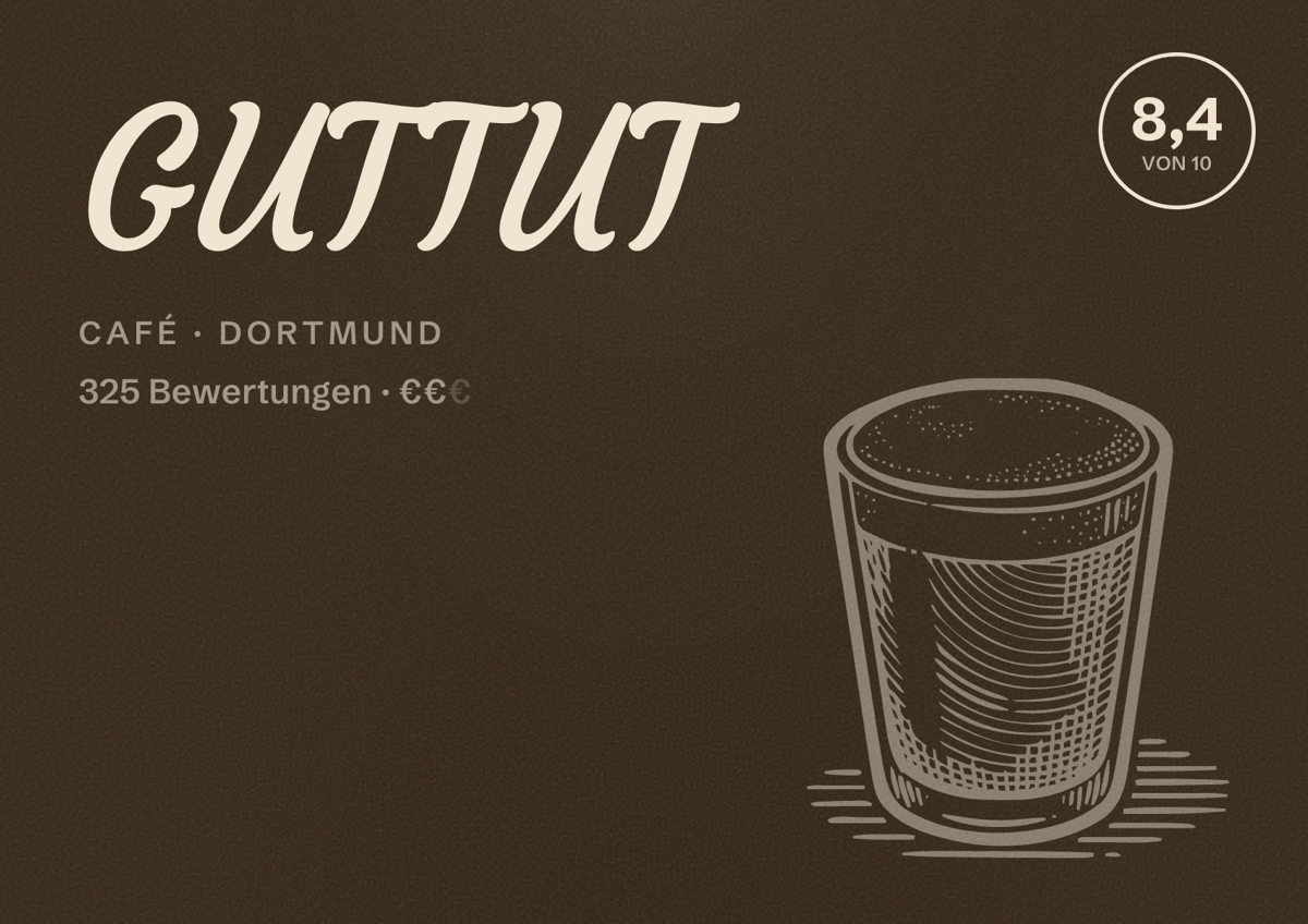 Illustriertes Poster von GUTTUT, Café in Dortmund: Bewertung 8,4 von 10 aus 325 Bewertungen, Preisniveau €€
