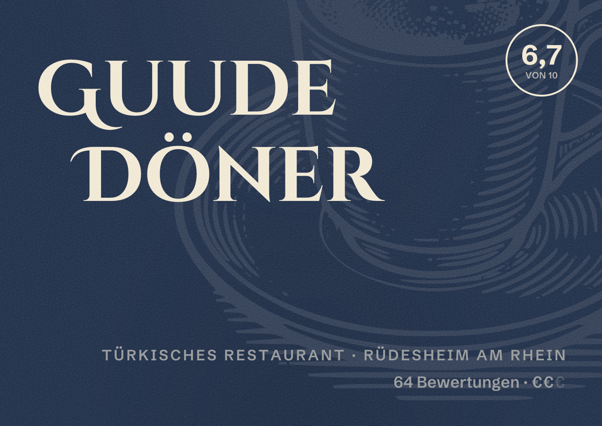 Illustriertes Poster von Guude Döner, Türkisches Restaurant in Rüdesheim am Rhein: Bewertung 6,7 von 10 aus 64 Bewertungen, Preisniveau €€