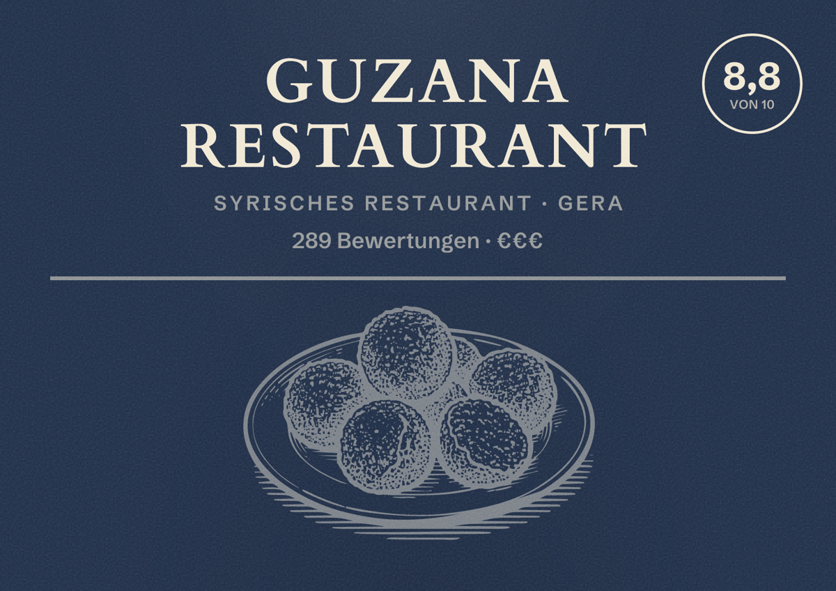 Illustriertes Poster von Guzana Restaurant, Syrisches Restaurant in Gera: Bewertung 8,8 von 10 aus 289 Bewertungen, Preisniveau €€€