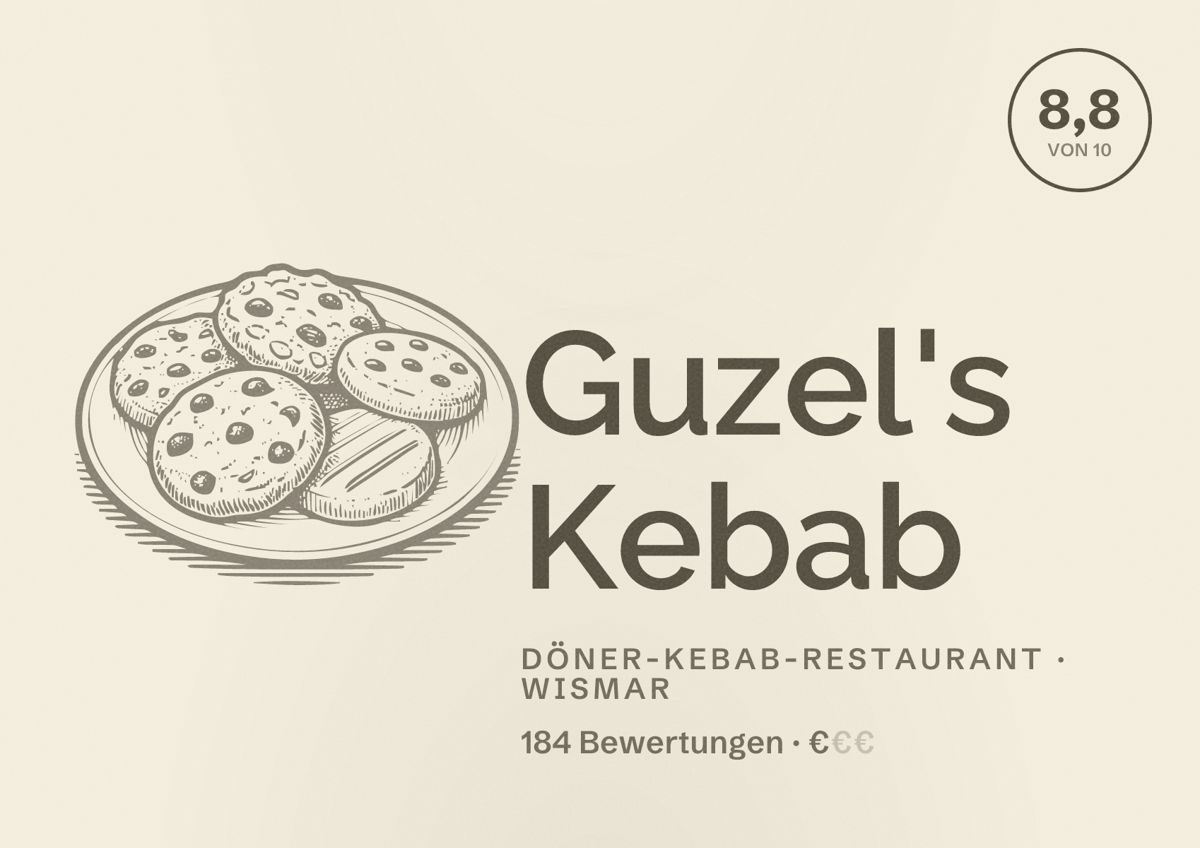 Illustriertes Poster von Guzel's Kebab, Döner-Kebab-Restaurant in Wismar: Bewertung 8,8 von 10 aus 184 Bewertungen, Preisniveau €