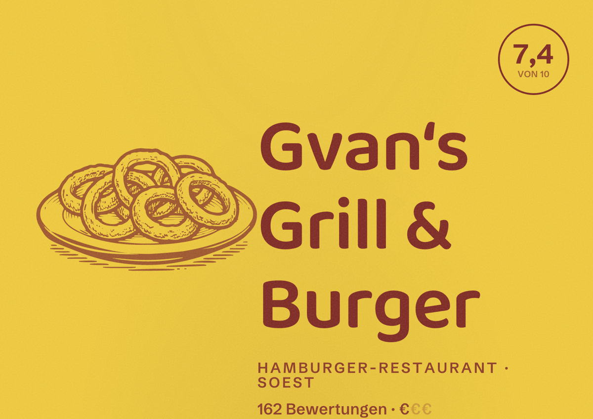 Illustriertes Poster von Gvan‘s Grill & Burger, Hamburger-Restaurant in Soest: Bewertung 7,4 von 10 aus 162 Bewertungen, Preisniveau €
