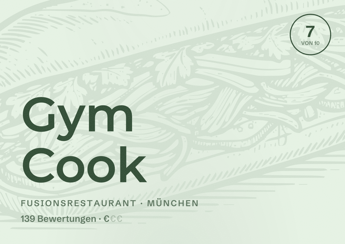 Illustriertes Poster von Gym Cook, Fusionsrestaurant in München: Bewertung 7,0 von 10 aus 139 Bewertungen, Preisniveau €