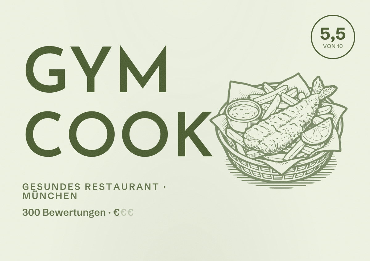 Illustriertes Poster von Gym Cook, Gesundes Restaurant in München: Bewertung 5,5 von 10 aus 300 Bewertungen, Preisniveau €