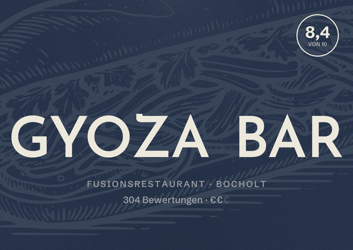 Illustriertes Poster von GYOZA BAR, Fusionsrestaurant in Bocholt: Bewertung 8,4 von 10 aus 304 Bewertungen, Preisniveau €€