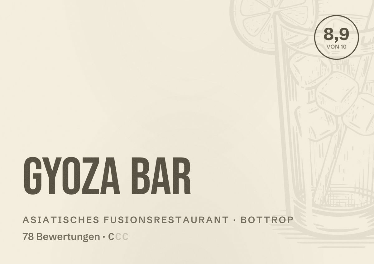 Illustriertes Poster von Gyoza Bar, Asiatisches Fusionsrestaurant in Bottrop: Bewertung 8,9 von 10 aus 78 Bewertungen, Preisniveau €