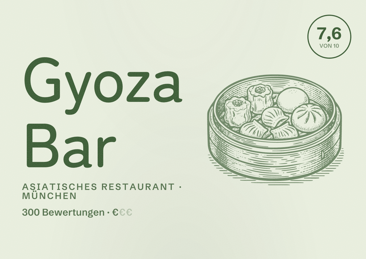 Illustriertes Poster von Gyoza Bar, Asiatisches Restaurant in München: Bewertung 7,6 von 10 aus 300 Bewertungen, Preisniveau €