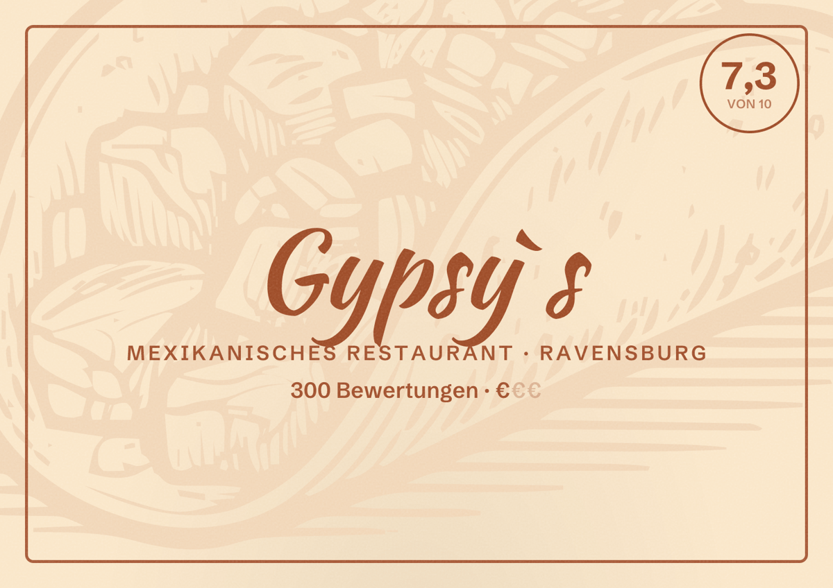 Illustriertes Poster von Gypsy`s, Mexikanisches Restaurant in Ravensburg: Bewertung 7,3 von 10 aus 300 Bewertungen, Preisniveau €