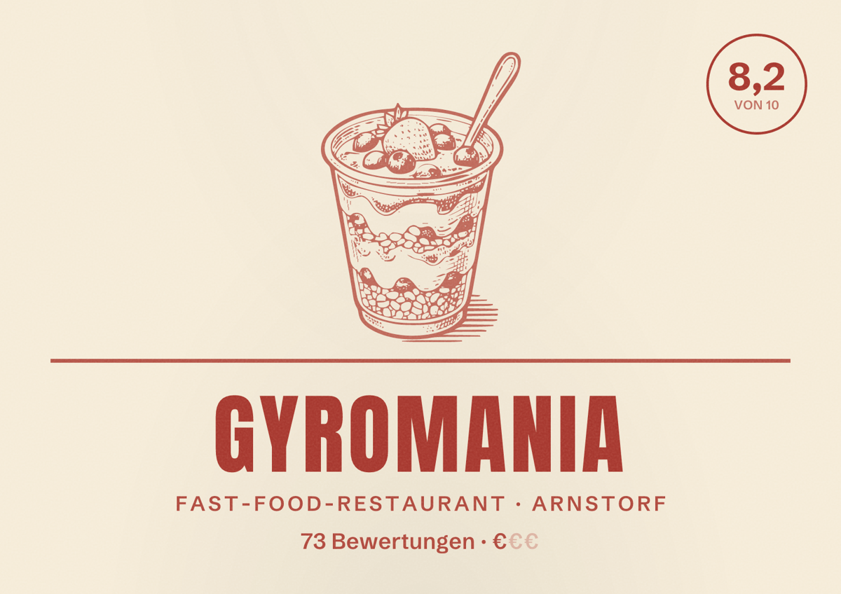 Illustriertes Poster von Gyromania, Fast-Food-Restaurant in Arnstorf: Bewertung 8,2 von 10 aus 73 Bewertungen, Preisniveau €