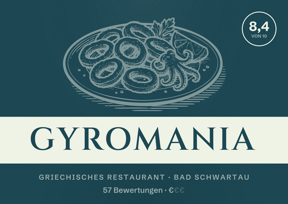 Illustriertes Poster von Gyromania, Griechisches Restaurant in Bad Schwartau: Bewertung 8,4 von 10 aus 57 Bewertungen, Preisniveau €