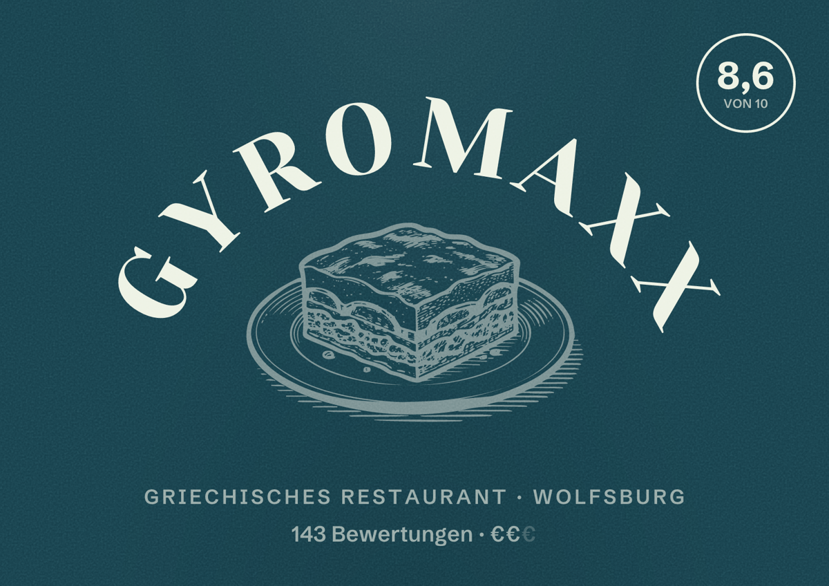 Illustriertes Poster von Gyromaxx, Griechisches Restaurant in Wolfsburg: Bewertung 8,6 von 10 aus 143 Bewertungen, Preisniveau €€