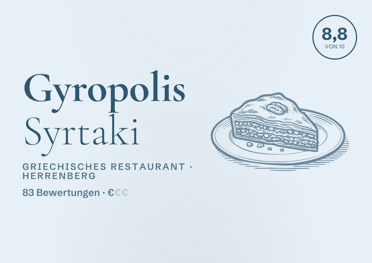 Illustriertes Poster von Gyropolis Syrtaki, Griechisches Restaurant in Herrenberg: Bewertung 8,8 von 10 aus 83 Bewertungen, Preisniveau €