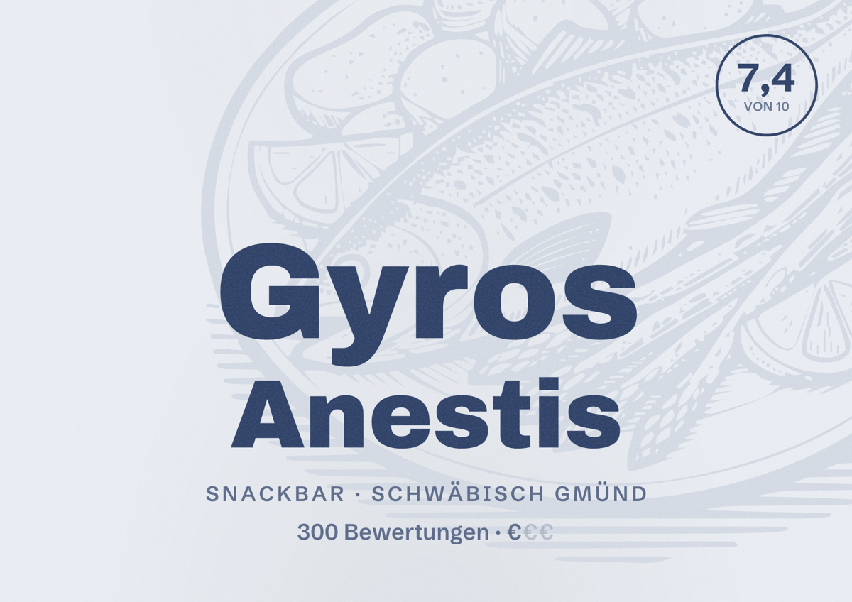 Illustriertes Poster von Gyros Anestis, Snackbar in Schwäbisch Gmünd: Bewertung 7,4 von 10 aus 300 Bewertungen, Preisniveau €
