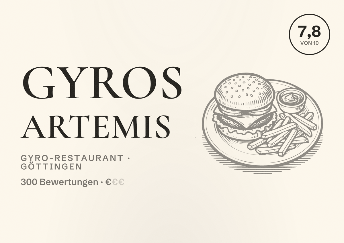 Illustriertes Poster von Gyros Artemis, Gyro-Restaurant in Göttingen: Bewertung 7,8 von 10 aus 300 Bewertungen, Preisniveau €