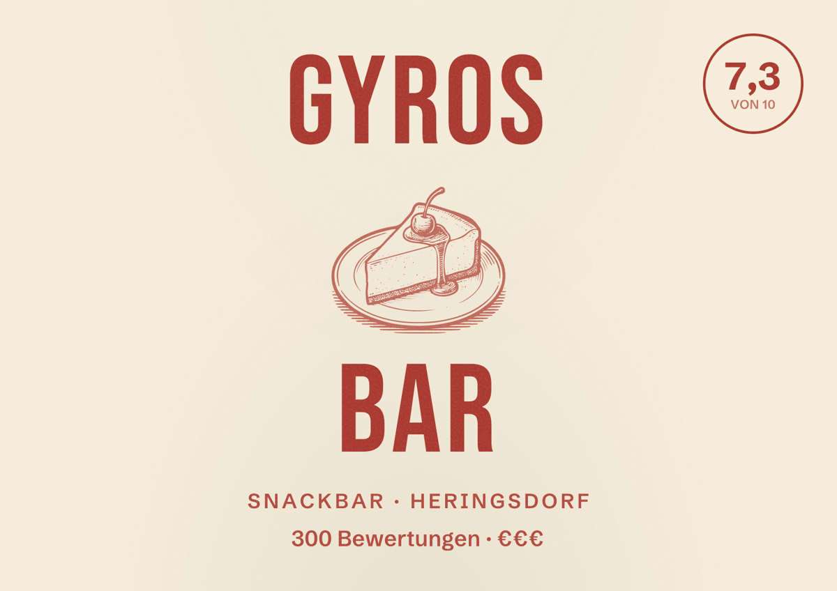 Illustriertes Poster von Gyros Bar, Snackbar in Heringsdorf: Bewertung 7,3 von 10 aus 300 Bewertungen, Preisniveau €€€