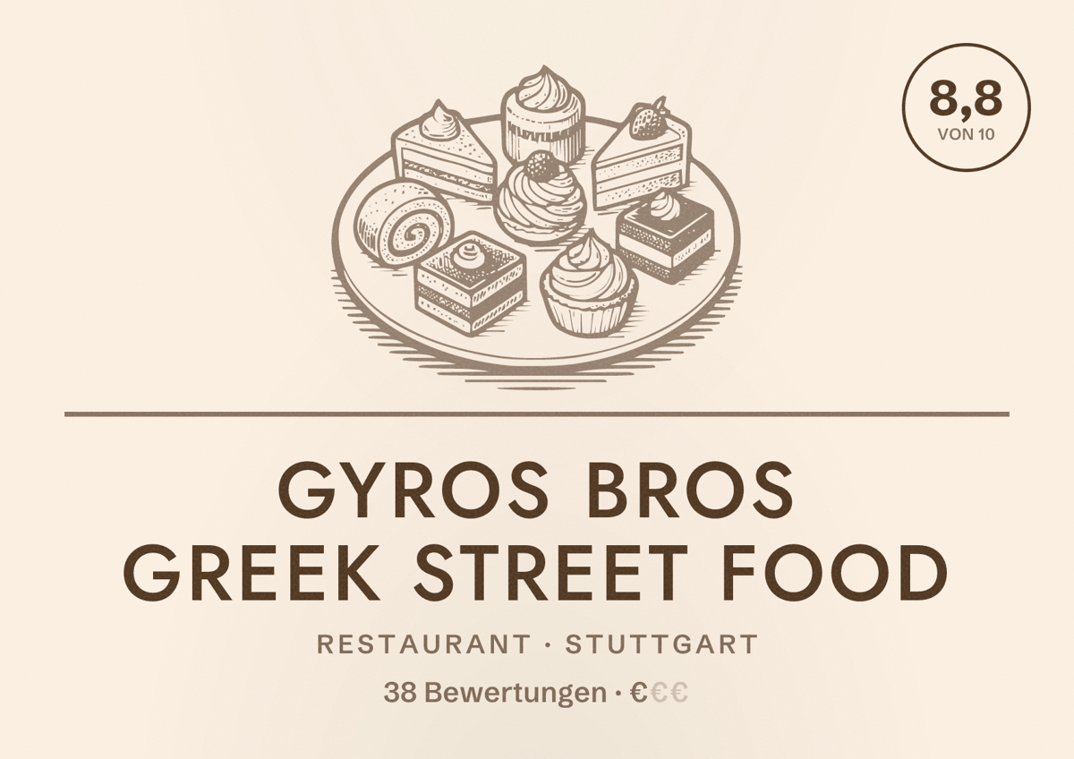 Illustriertes Poster von GYROS BROS GREEK STREET FOOD, Restaurant in Stuttgart: Bewertung 8,8 von 10 aus 38 Bewertungen, Preisniveau €