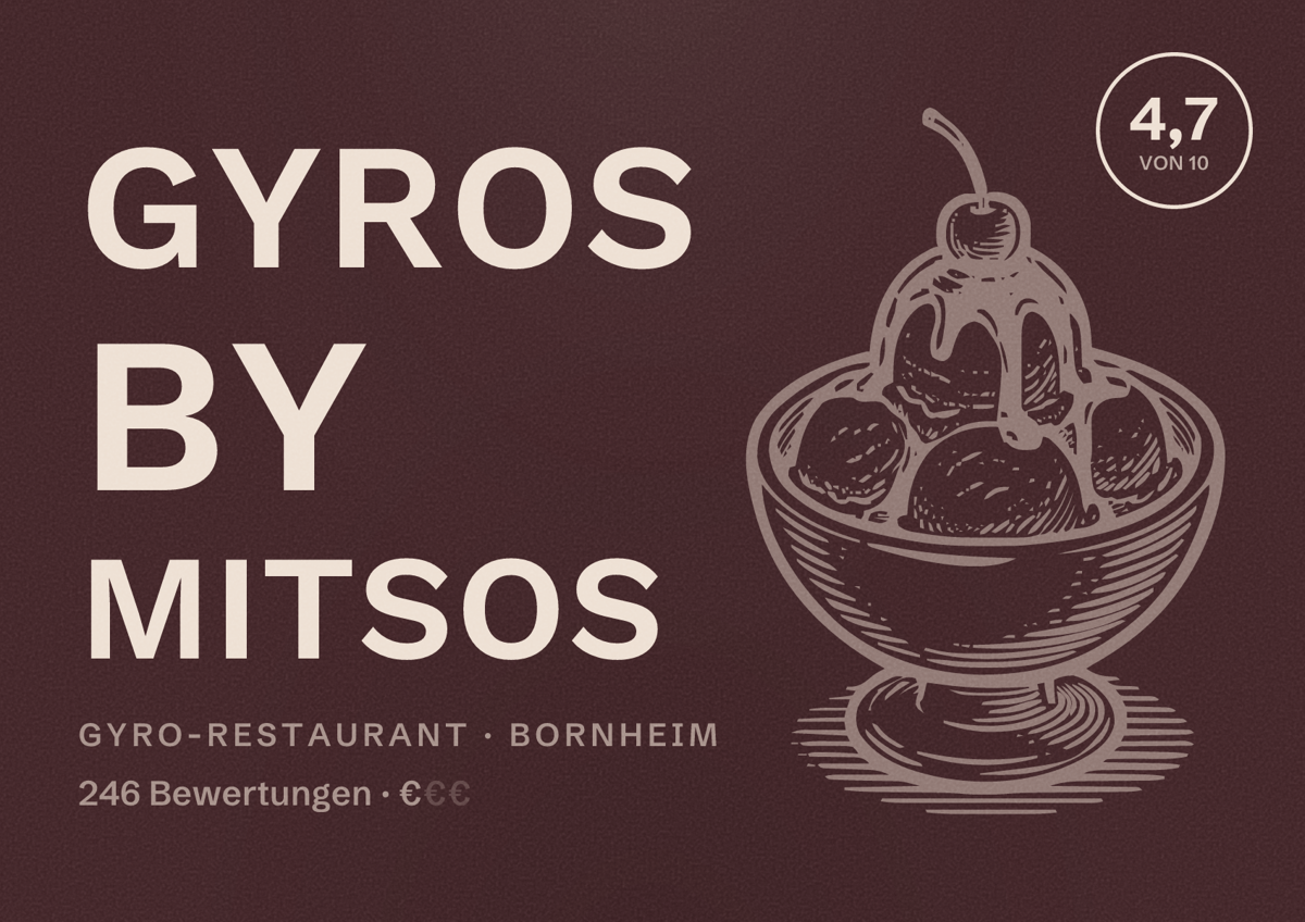 Illustriertes Poster von Gyros by Mitsos, Gyro-Restaurant in Bornheim: Bewertung 4,7 von 10 aus 246 Bewertungen, Preisniveau €