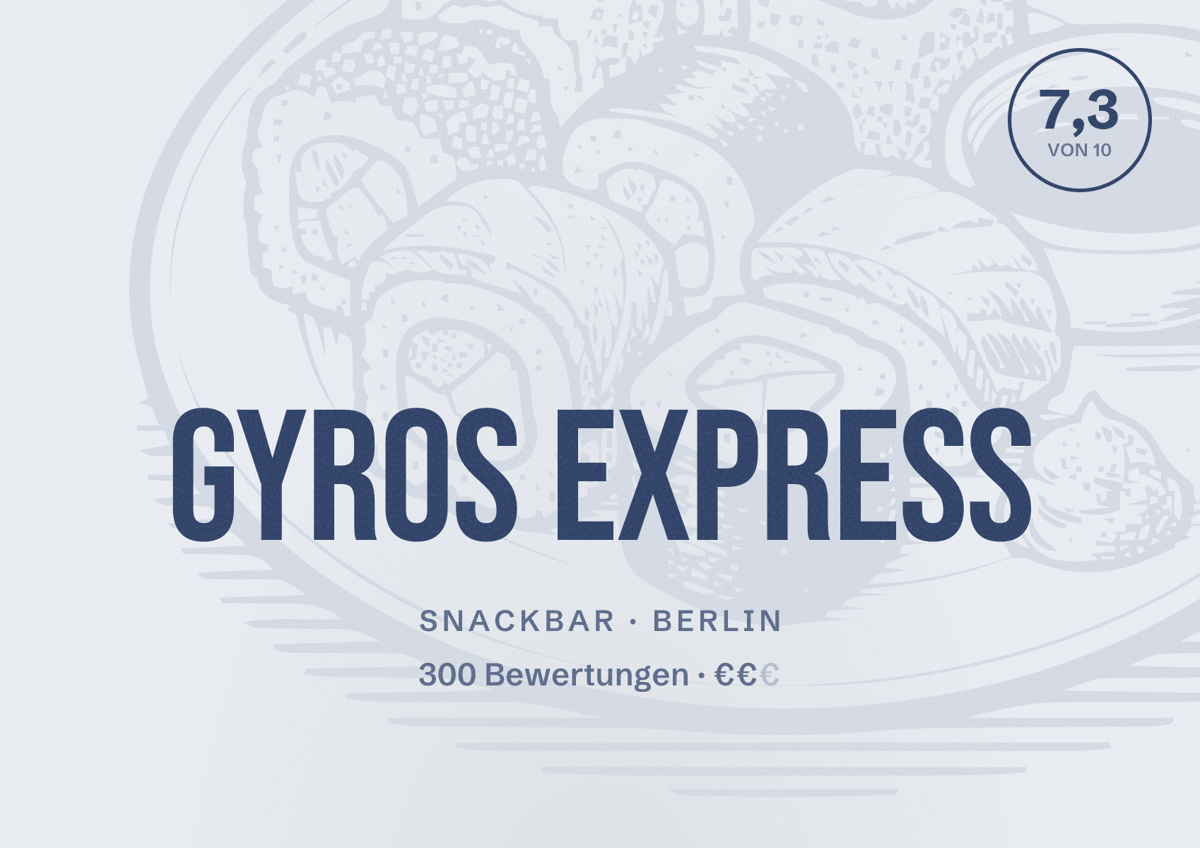 Illustriertes Poster von Gyros Express, Snackbar in Berlin: Bewertung 7,3 von 10 aus 300 Bewertungen, Preisniveau €€
