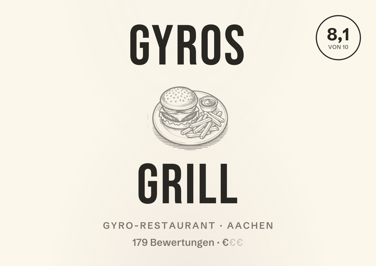 Illustriertes Poster von GYROS GRILL, Gyro-Restaurant in Aachen: Bewertung 8,1 von 10 aus 179 Bewertungen, Preisniveau €