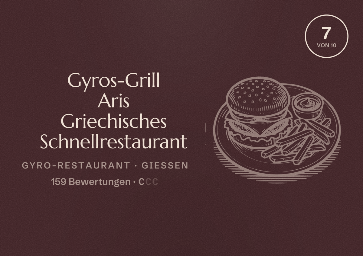 Illustriertes Poster von Gyros-Grill Aris Griechisches Schnellrestaurant, Gyro-Restaurant in Gießen: Bewertung 7 von 10 aus 159 Bewertungen, Preisniveau €