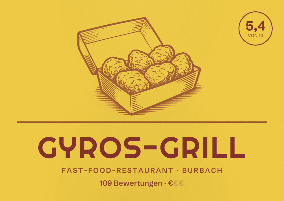 Illustriertes Poster von Gyros-Grill, Fast-Food-Restaurant in Burbach: Bewertung 5,4 von 10 aus 109 Bewertungen, Preisniveau €