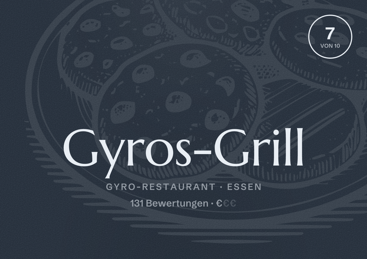 Illustriertes Poster von Gyros-Grill, Gyro-Restaurant in Essen: Bewertung 7 von 10 aus 131 Bewertungen, Preisniveau €