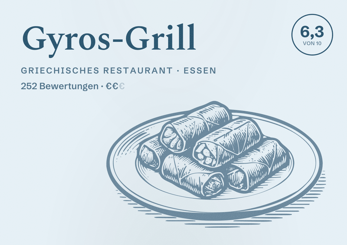 Illustriertes Poster von Gyros-Grill, Griechisches Restaurant in Essen: Bewertung 6,3 von 10 aus 252 Bewertungen, Preisniveau €€