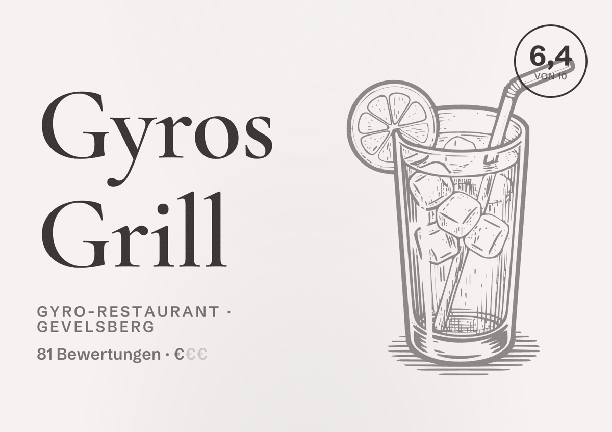 Illustriertes Poster von Gyros Grill, Gyro-Restaurant in Gevelsberg: Bewertung 6,4 von 10 aus 81 Bewertungen, Preisniveau €