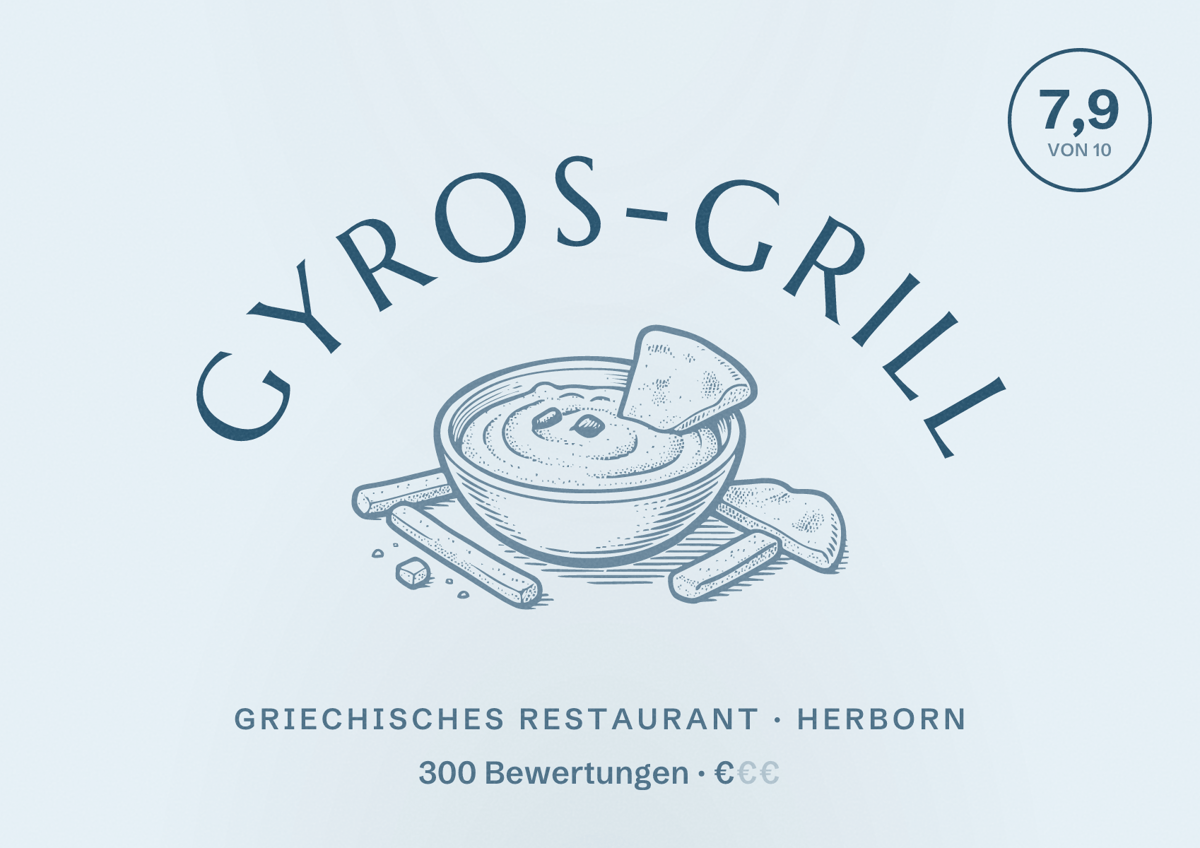 Illustriertes Poster von Gyros-Grill, Griechisches Restaurant in Herborn: Bewertung 7,9 von 10 aus 300 Bewertungen, Preisniveau €