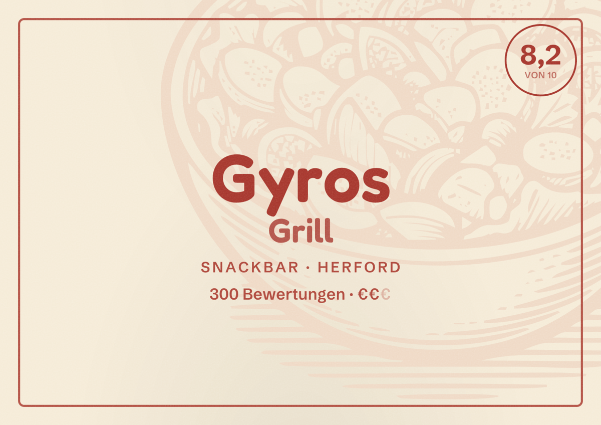 Illustriertes Poster von Gyros Grill, Snackbar in Herford: Bewertung 8,2 von 10 aus 300 Bewertungen, Preisniveau €€