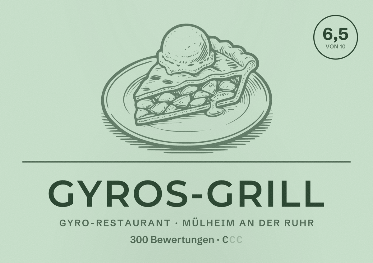Illustriertes Poster von Gyros-Grill, Gyro-Restaurant in Mülheim an der Ruhr: Bewertung 6,5 von 10 aus 300 Bewertungen, Preisniveau €